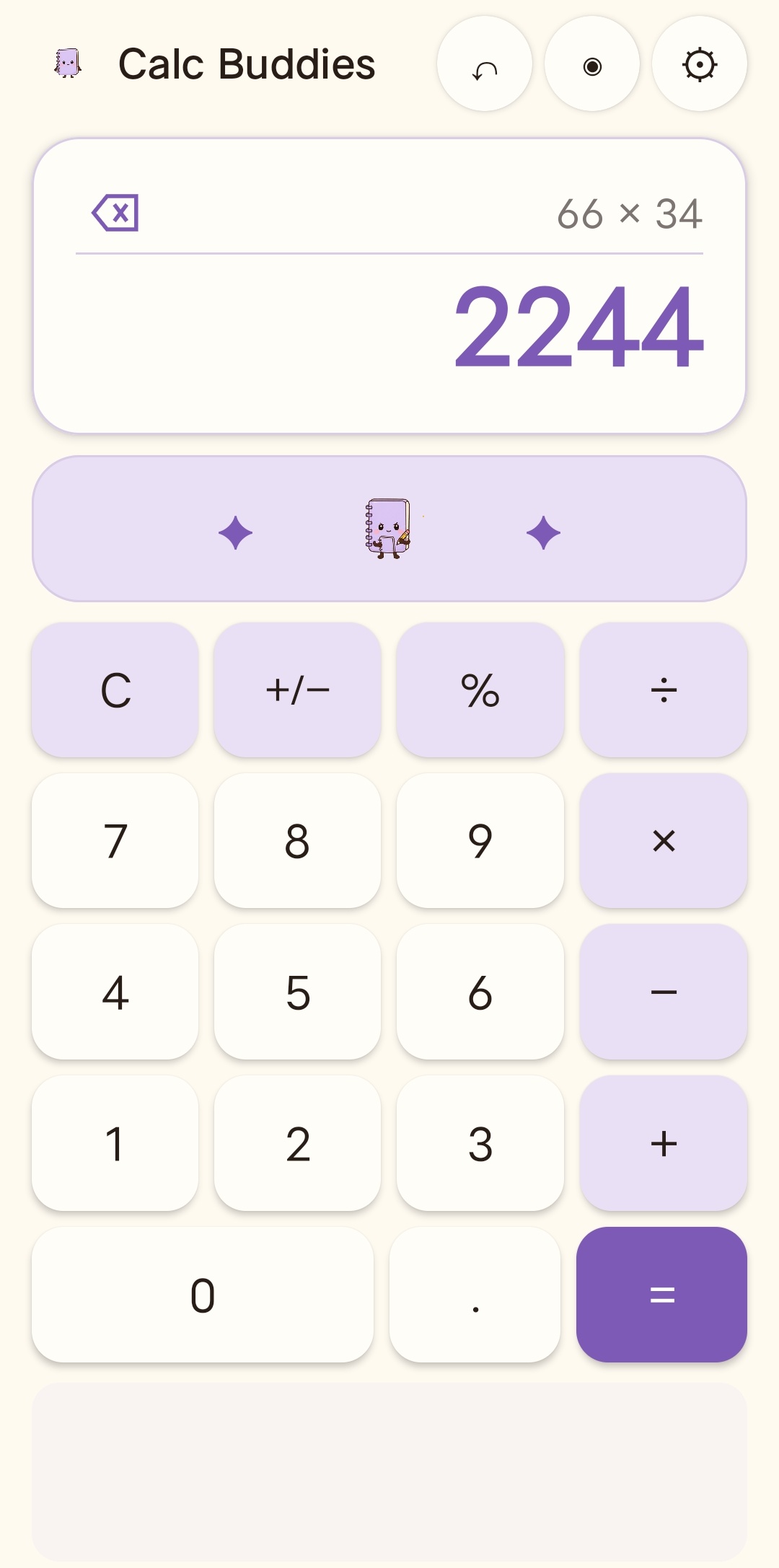 Notebook calculator: A clear calculation workspace with 66 × 34 = 2244.