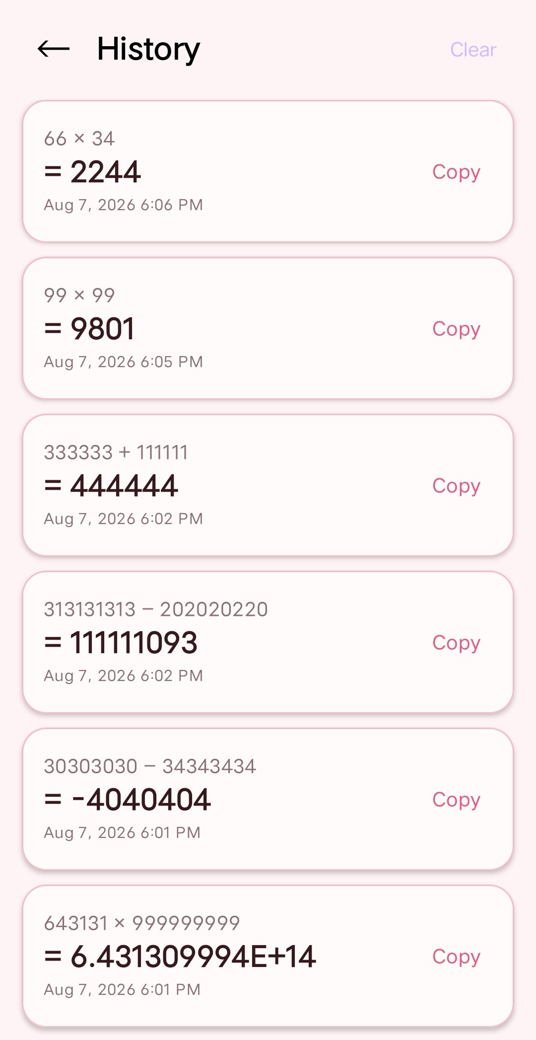 Calculation history: Review previous expressions and copy their results again.