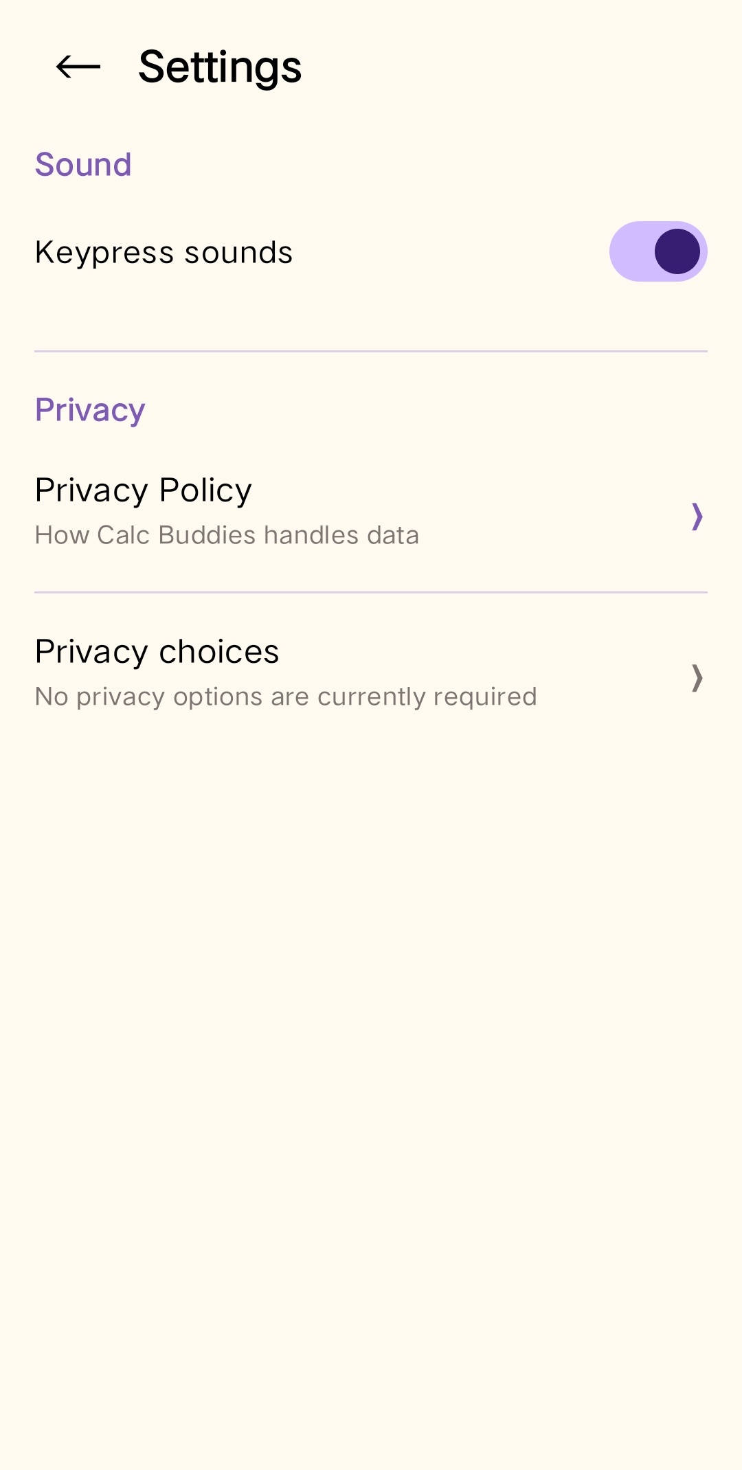 Settings and privacy: Control keypress sounds and open privacy information.