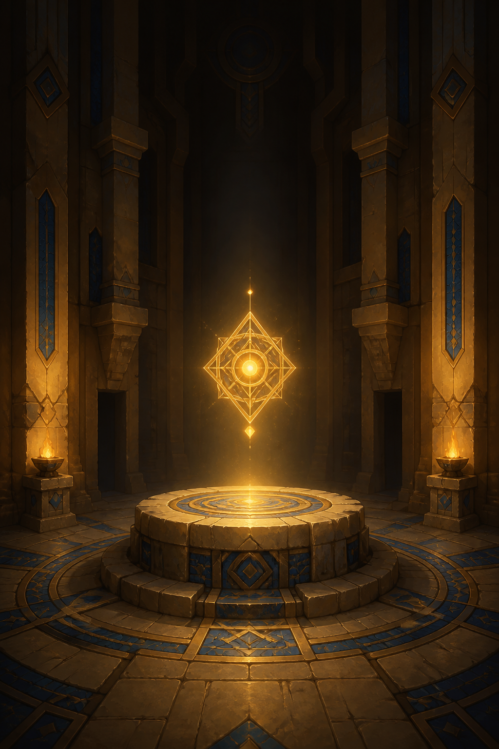 A glowing golden sigil floating inside a dark stone temple