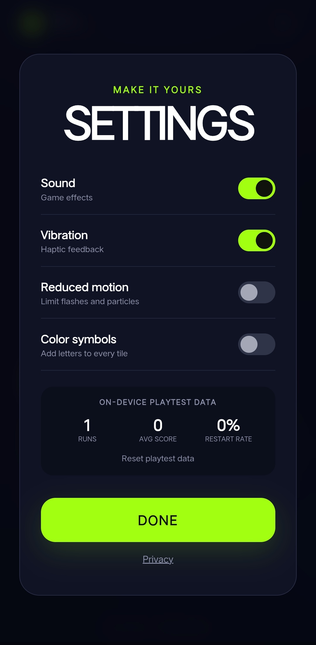 Play your way: Adjust feedback, motion, and color-symbol assistance.